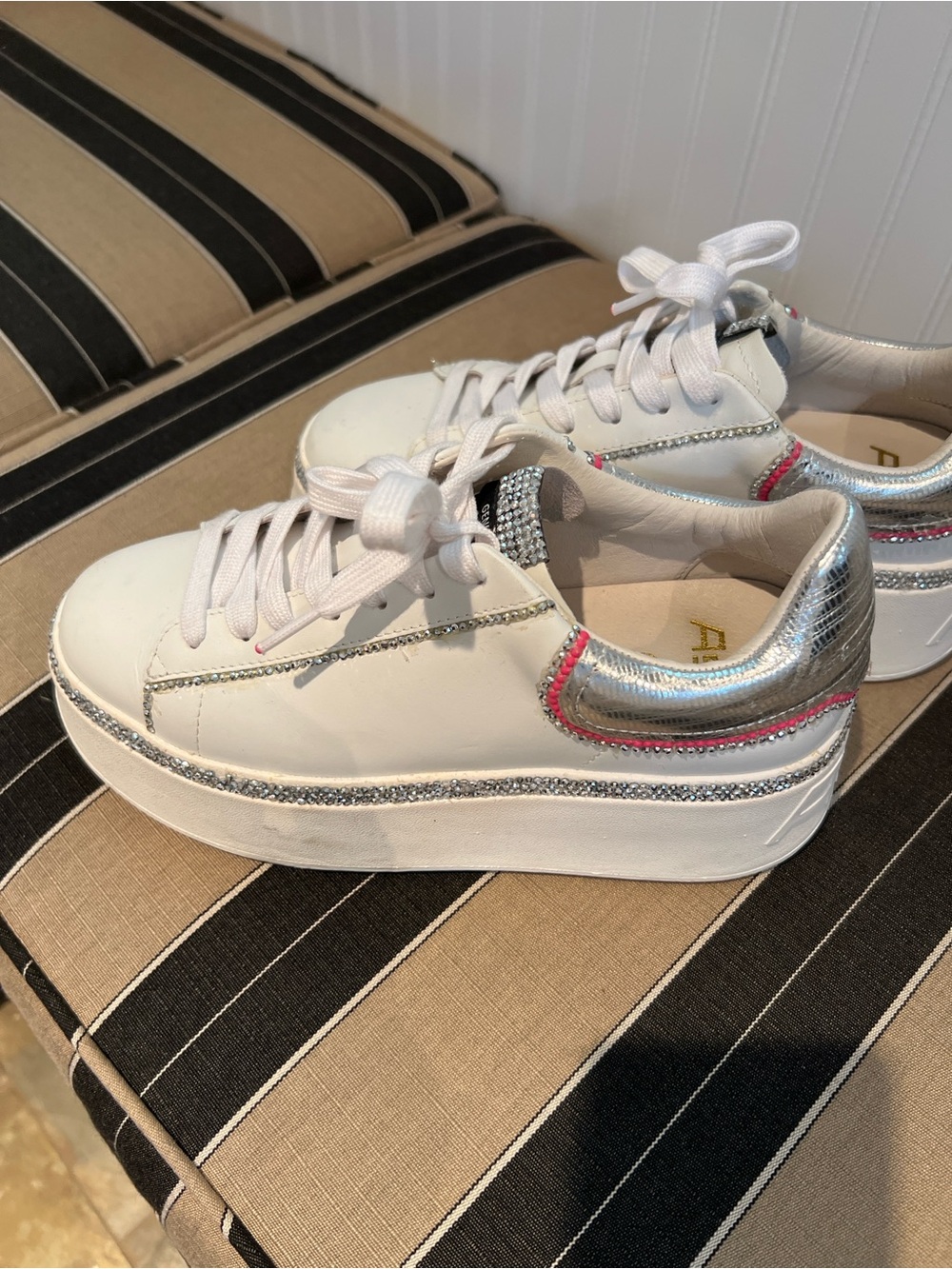 Ash White Platform Sneakers with Silver Heel and Pink Trim